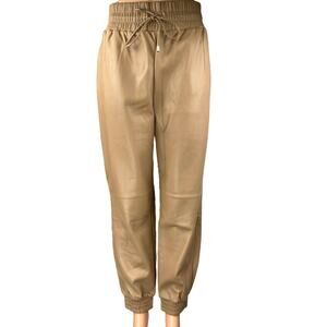 Bebe Brown Faux Leather Tapered High Rise Drawstring Trousers Jogger Pants Sz L